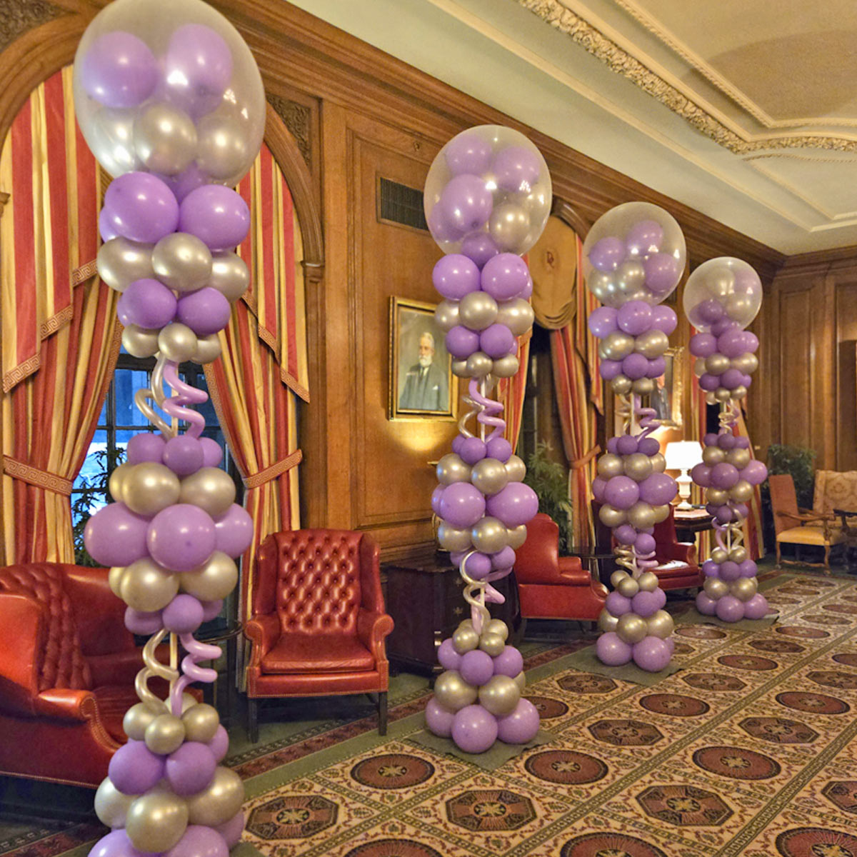 Curly-Pole-Columns-by-Airheads-Balloon-Art Curly Pole Columns with Gumball Toppers at Duquesne Club for Dance<br />